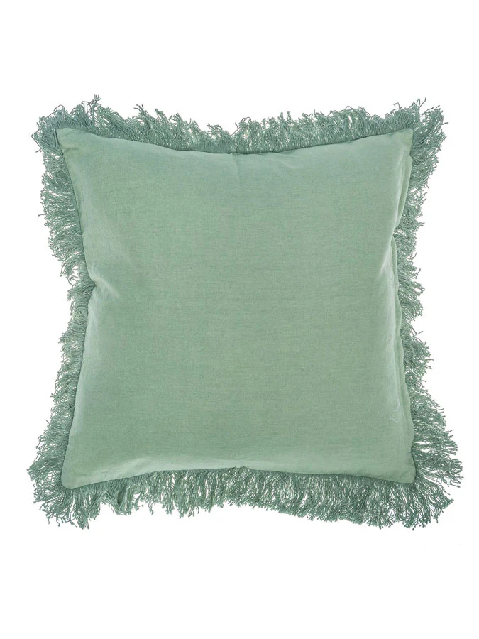 Block Print Fringed Cushion Green - Image 2