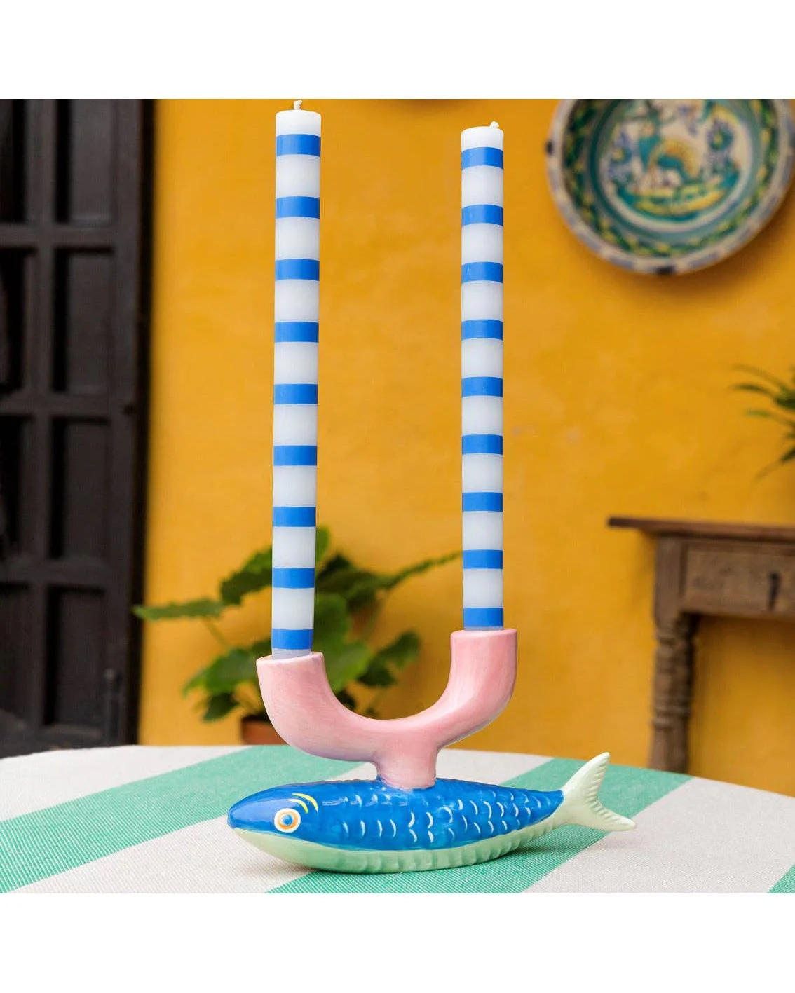 Blue & White Stripe Dinner Candles - Image 2