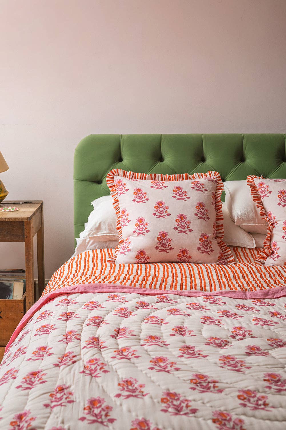Carnation & Clementine Block Print Cushion - Image 3