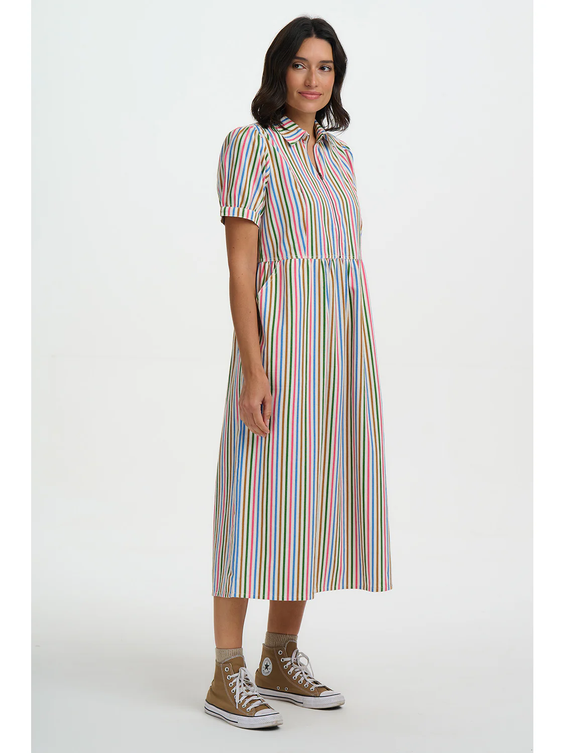Gillian Midi Smock Dress - Multi Colourful Canvas Stripe - Image 4