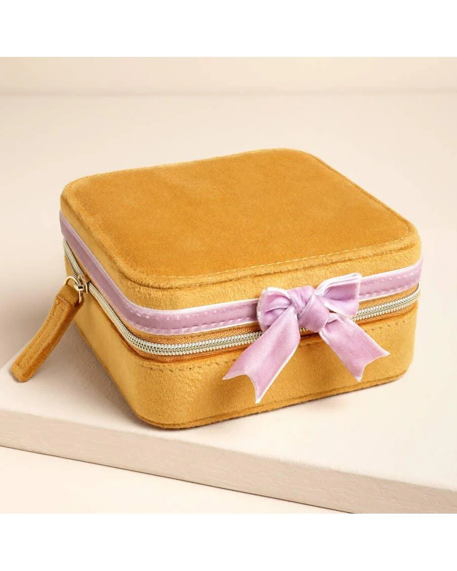 Mustard and Pink Velvet Bow Square Travel Jewellery Case