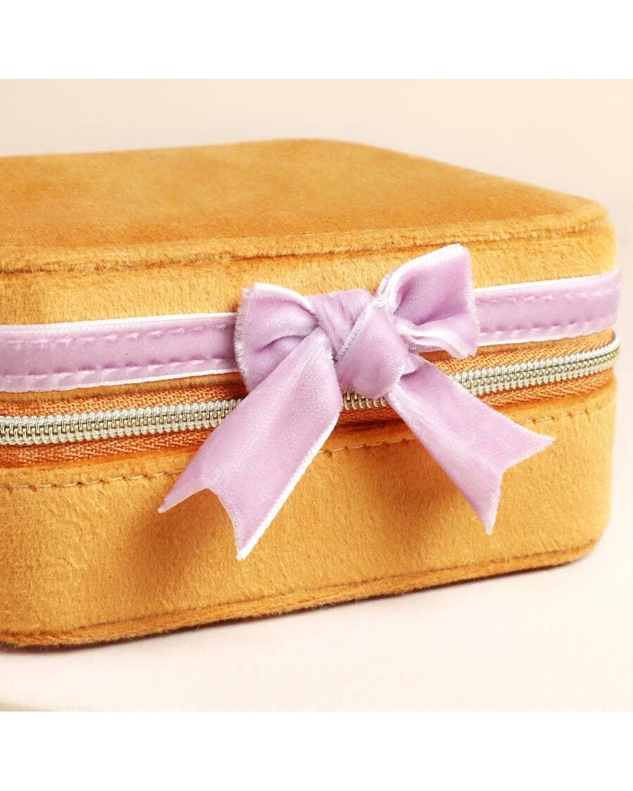 Mustard and Pink Velvet Bow Square Travel Jewellery Case - Image 2