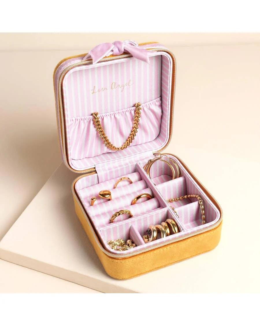 Mustard and Pink Velvet Bow Square Travel Jewellery Case - Image 3