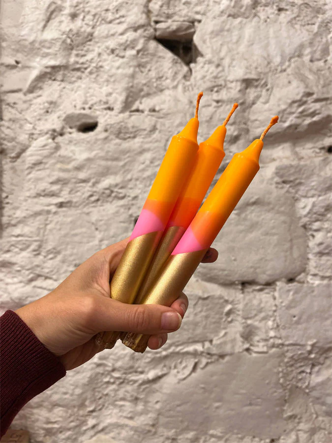 Neon Pink & Orange With Gold Dip Candle